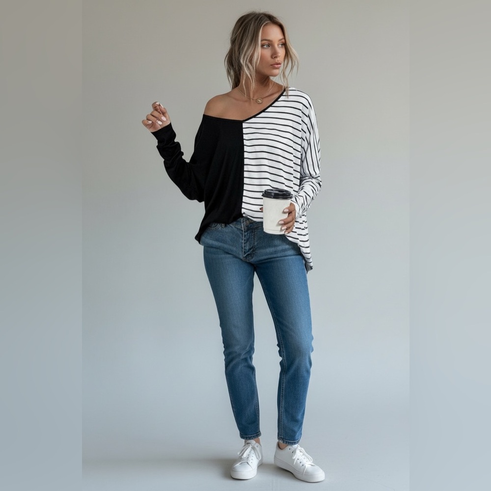 NEW•L-XL•TCB•Minimalist Chic Black & White Modern Style Statement Top